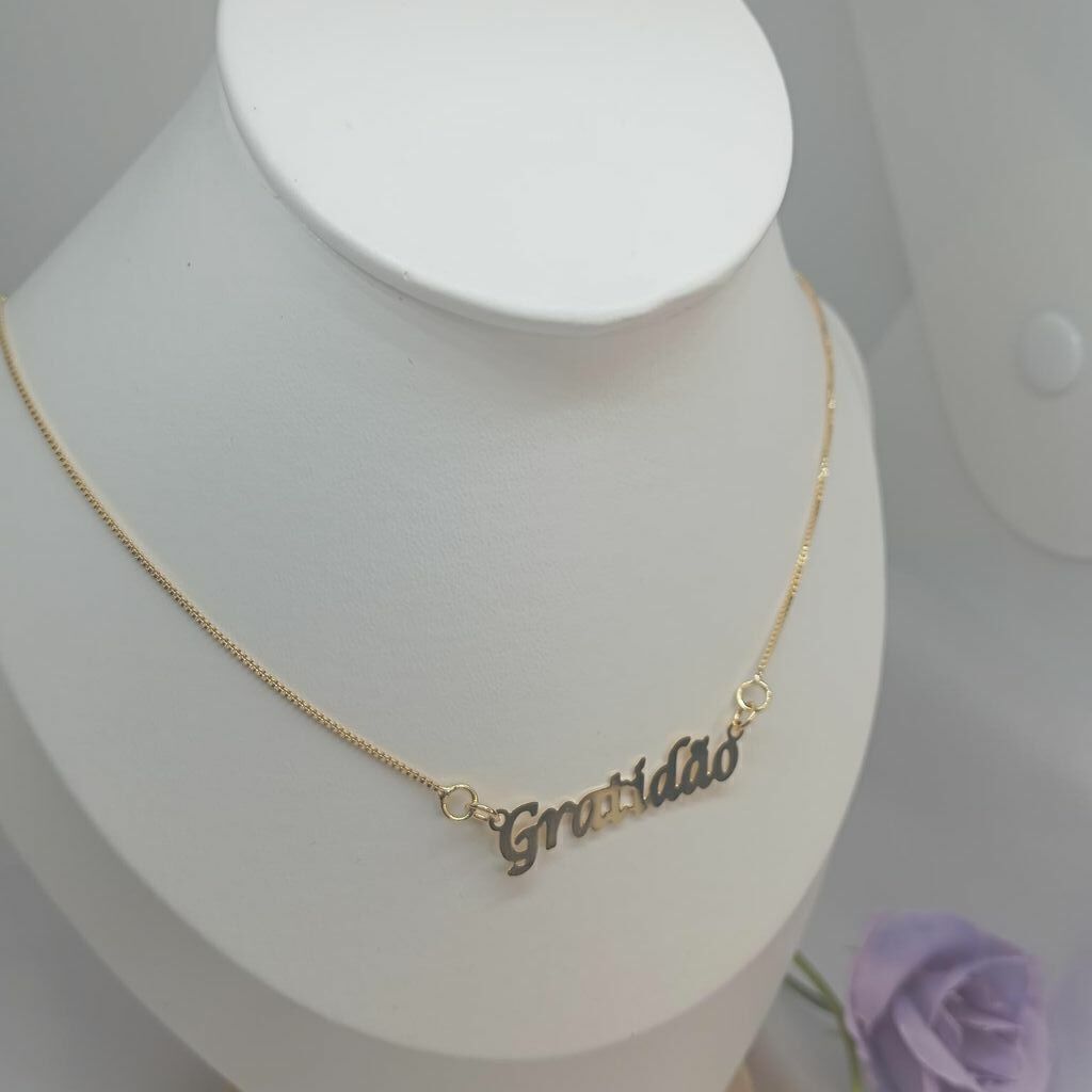 Corrente com Pingente Gratidão Semi Jóia Ouro 18k 50cm