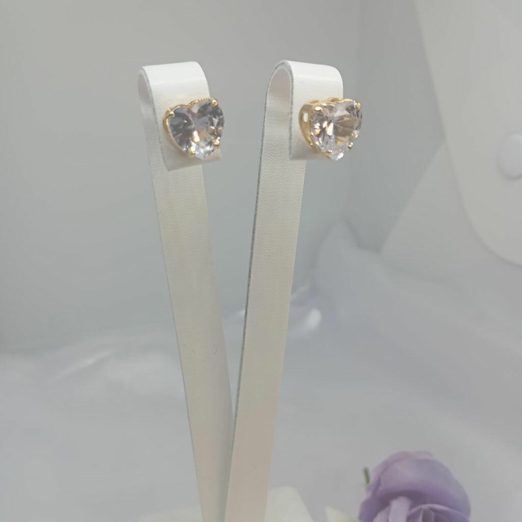 Brinco Coração Grande Pedra Cristal Semi Jóia Ouro 18k
