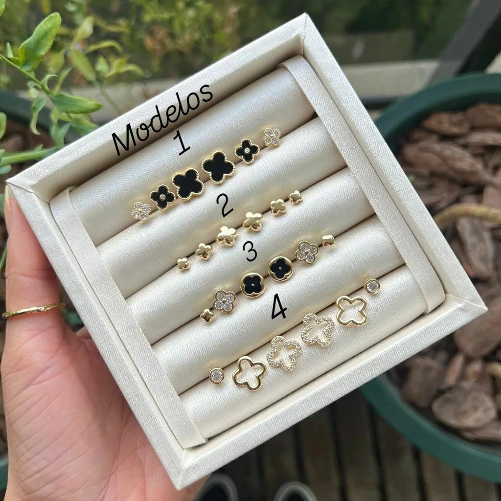Brincos Trio Pino Trevo Semi Jóia Ouro Inspiração VG