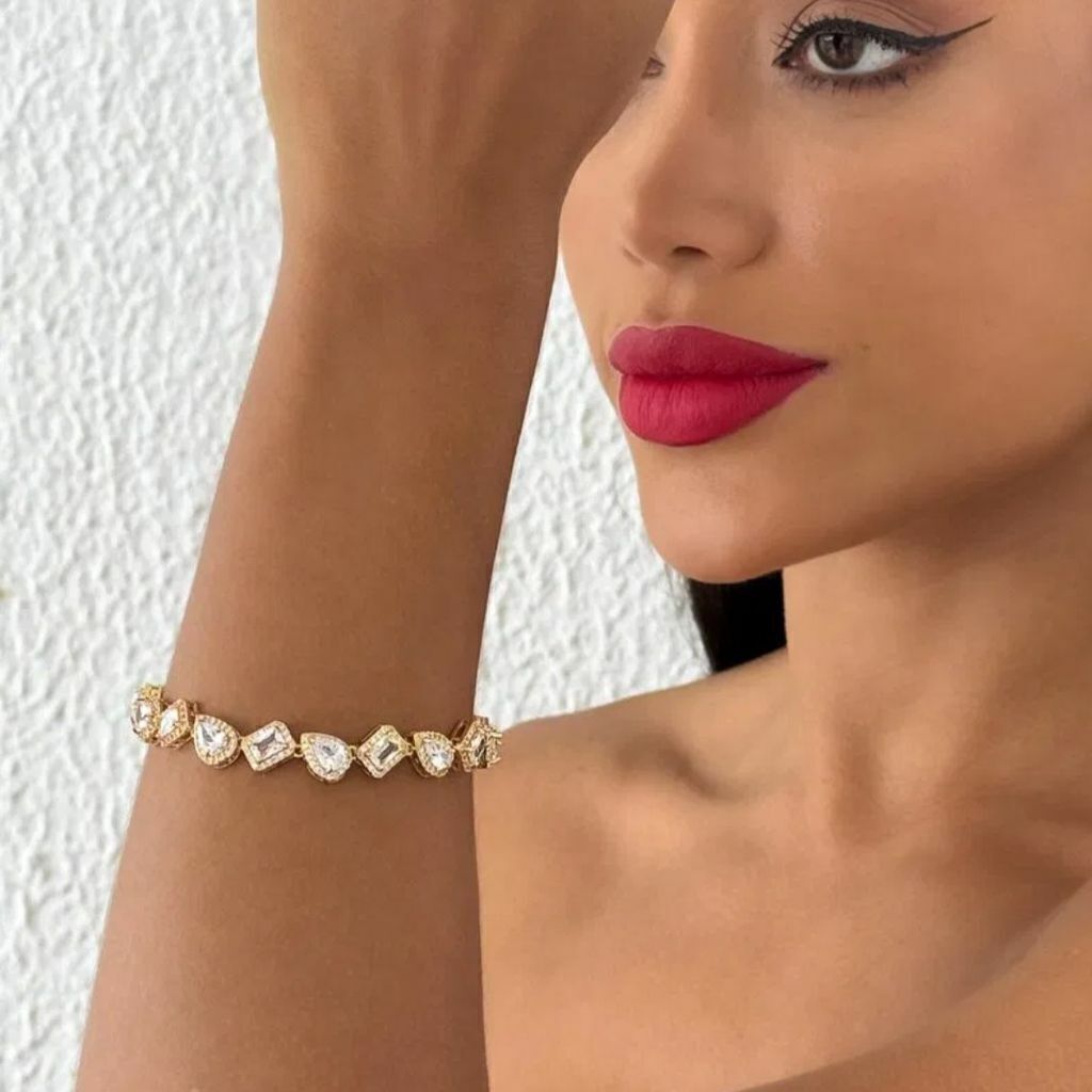 Pulseira Folh. A Prata e Ouro Gotas e Quadrados Cristal