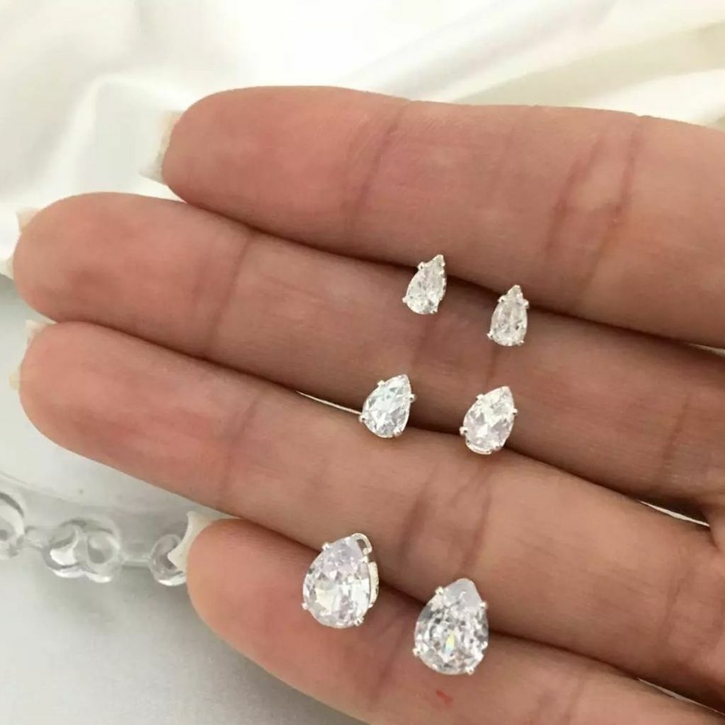 Brinco Trio Gotas Zircônias Cristal Prata 925