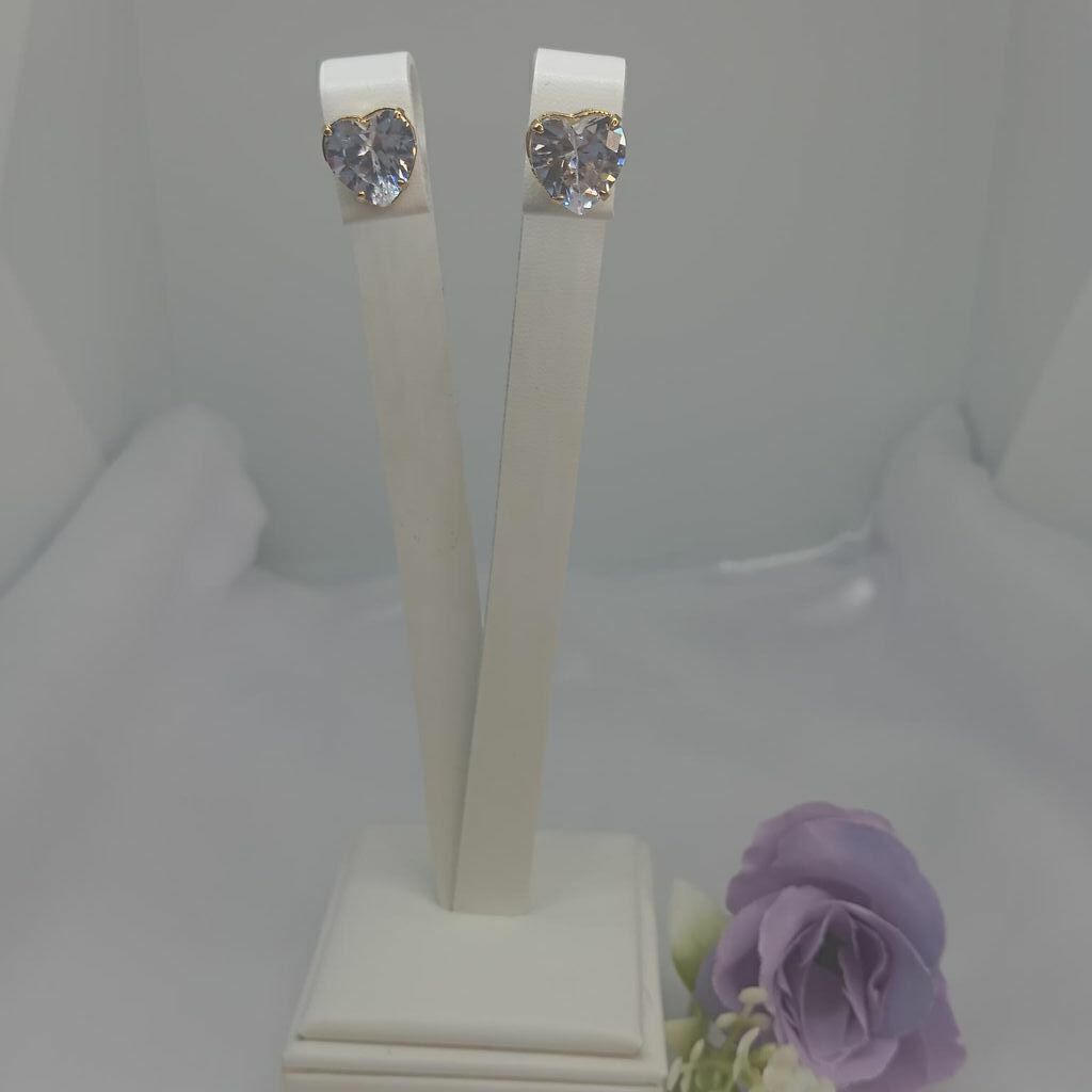 Brinco Coração Grande Pedra Cristal Semi Jóia Ouro 18k