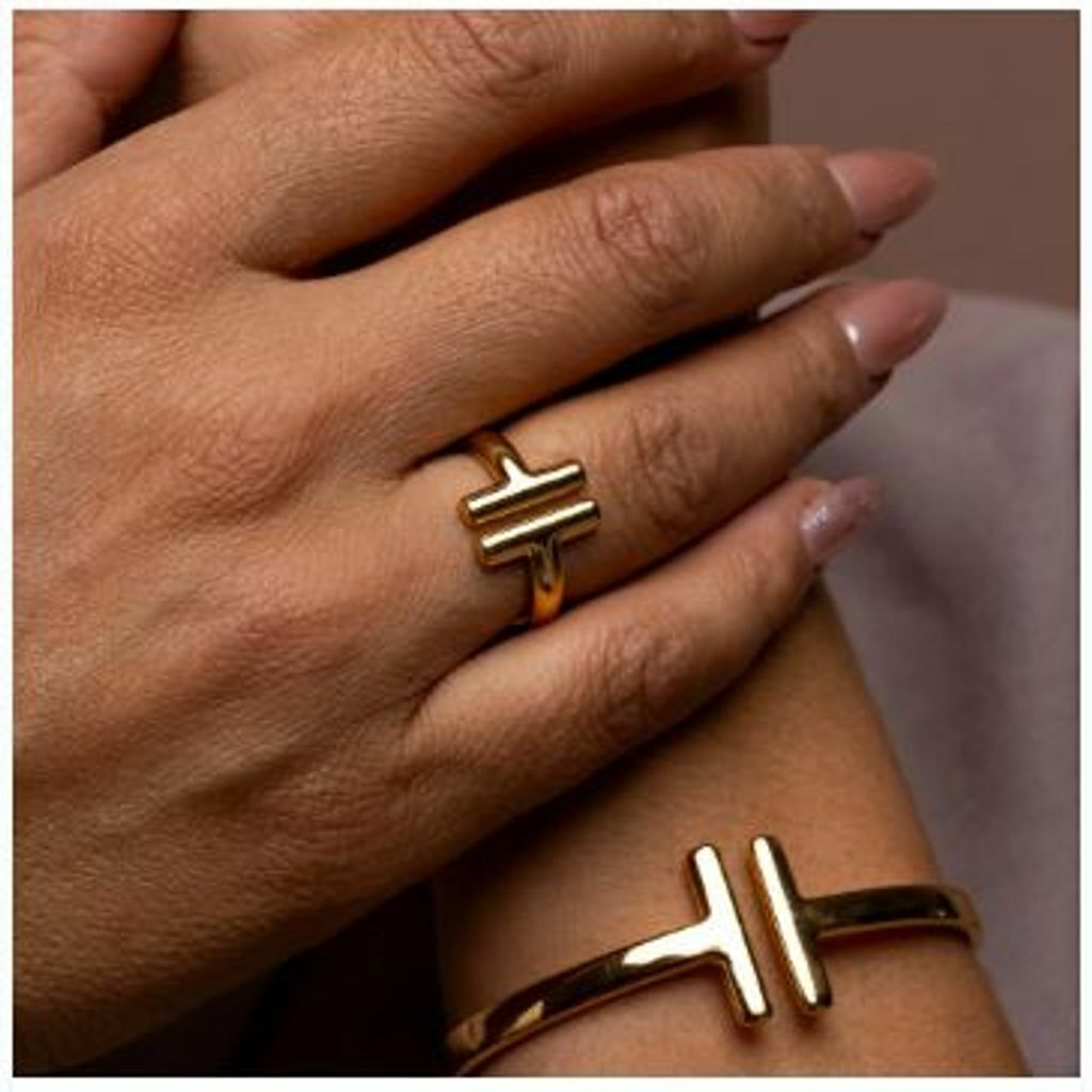 Anel e Bracelete Barrinha Inspiração Tiffany Semi Jóia Banhado a Ouro