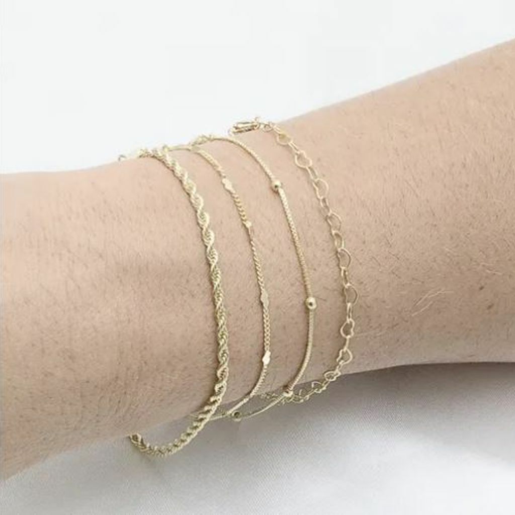 Pulseiras Cordão Baiano, Coração, Corações, Bolinhas com Extensor 20cm Banhado a Ouro 18k