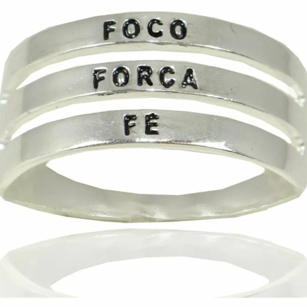 Anel Aliança Triplo Escrito Foco Força Fé Prata Legitima
