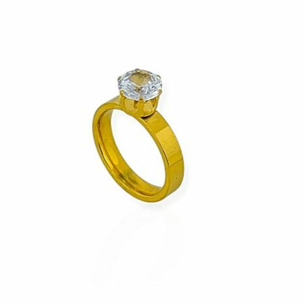 Anel Solitário de Aço Inoxidável Liso com Cristal Ouro