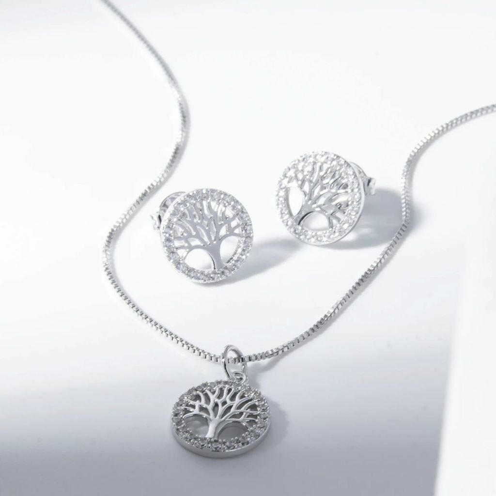Conjunto prata 925 Brincos + Corrente Arvore da Vida